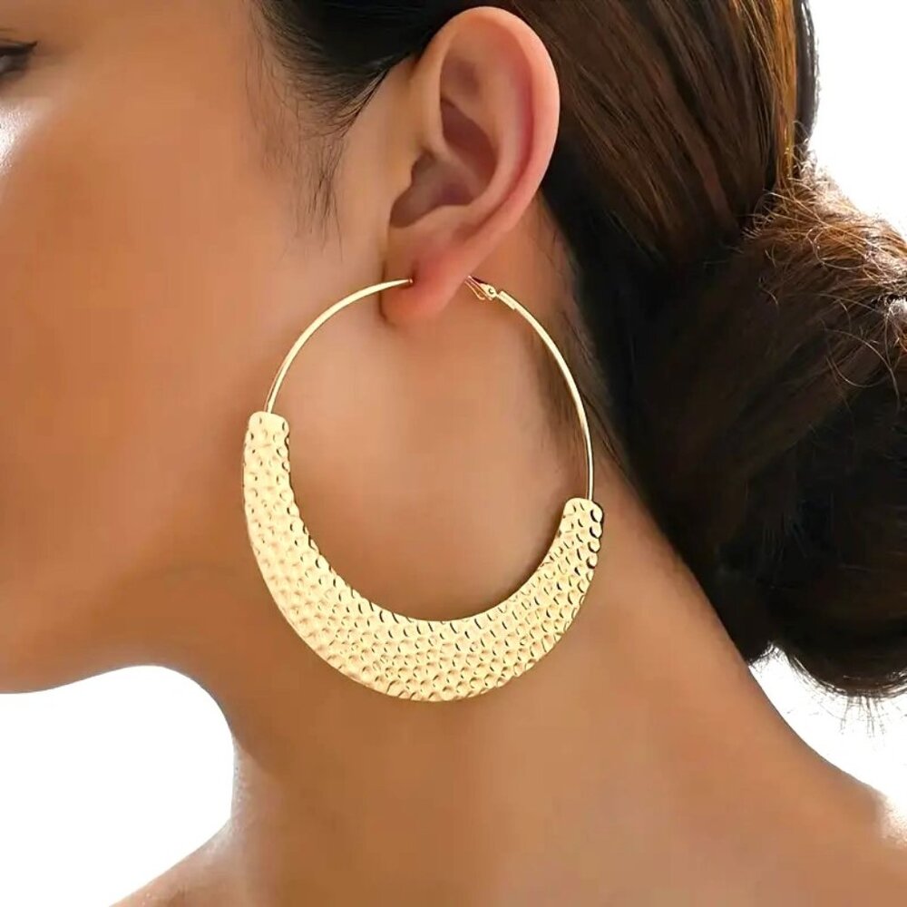 Earrings Gold Hoops Statement Large Bold Dangle Diva Hammered Stylish Glam Retro